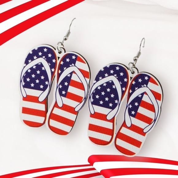 3 For $25 Patriotic Beach Style Classic Flip Flop Wooden Dangle Earrings - Picture 5 of 9